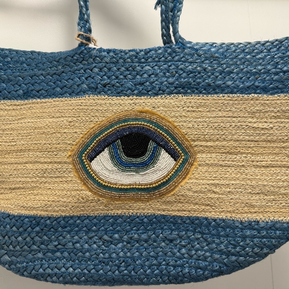Blue and Tan Beaded Evil Eye Woven Tote Bag